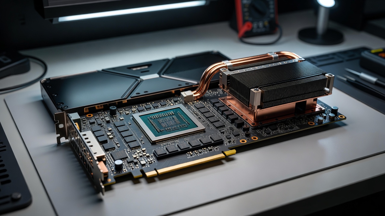 Nvidia GeForce RTX 5080 näytönohjain testipenkissä lähikuvassa